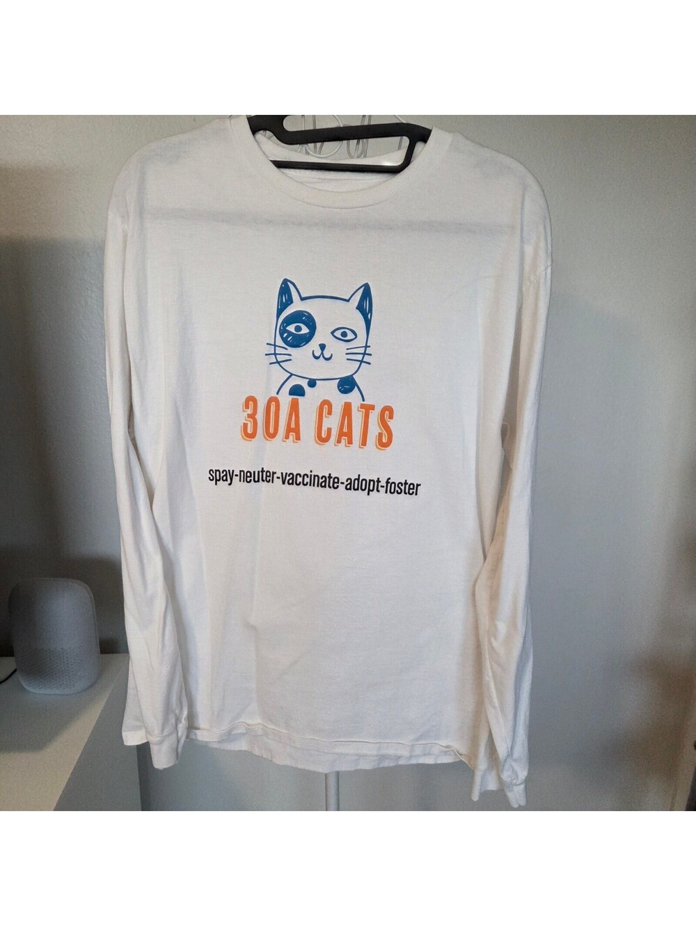 30A Cats White Long Sleeve T-Shirt Spay Neuter Vaccinate Adopt Foster Size S/M